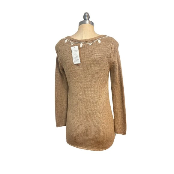 Soft Surroundings Tan Embroidered Knit Sweater NWT Floral Bird Design XS - Picture 3 of 5